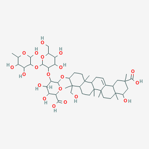 molecular formula C48H76O20 B233581 6-[[11-Carboxy-9-hydroxy-4-(hydroxymethyl)-4,6a,6b,8a,11,14b-hexamethyl-1,2,3,4a,5,6,7,8,9,10,12,12a,14,14a-tetradecahydropicen-3-yl]oxy]-5-[4,5-dihydroxy-6-(hydroxymethyl)-2-(2,4,5-trihydroxy-6-methyloxan-3-yl)oxyoxan-3-yl]oxy-3,4-dihydroxyoxane-2-carboxylic acid CAS No. 147540-80-5