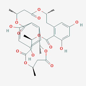 molecular formula C32H38O14 B234056 (4R,8R,18R,22R,26R)-12,14,30,32-Tetrahydroxy-4,8,18,22,26-pentamethyl-3,7,17,21,25-pentaoxatricyclo[26.4.0.010,15]dotriaconta-1(28),10(15),11,13,29,31-hexaene-2,6,16,20,24-pentone CAS No. 151379-39-4