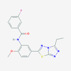 molecular formula C19H16FN5O2S B234189 N-[5-(3-ethyl[1,2,4]triazolo[3,4-b][1,3,4]thiadiazol-6-yl)-2-methoxyphenyl]-3-fluorobenzamide 