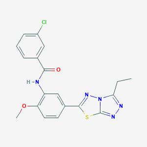 molecular formula C19H16ClN5O2S B234193 3-chloro-N-[5-(3-ethyl[1,2,4]triazolo[3,4-b][1,3,4]thiadiazol-6-yl)-2-methoxyphenyl]benzamide 