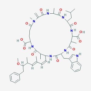 molecular formula C54H72N8O12 B234432 15-(1H-indol-3-ylmethyl)-18-[(1Z,3E)-6-methoxy-3,5-dimethyl-7-phenylhepta-1,3-dienyl]-1,5,12,19-tetramethyl-2-methylidene-8-(2-methylpropyl)-3,6,9,13,16,20,25-heptaoxo-1,4,7,10,14,17,21-heptazacyclopentacosane-11,22-dicarboxylic acid CAS No. 157622-02-1