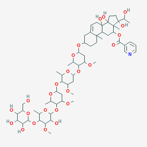 molecular formula C61H95NO25 B234809 [8,14,17-Trihydroxy-17-(1-hydroxyethyl)-3-[5-[5-[5-[3-hydroxy-4-methoxy-6-methyl-5-[3,4,5-trihydroxy-6-(hydroxymethyl)oxan-2-yl]oxyoxan-2-yl]oxy-4-methoxy-6-methyloxan-2-yl]oxy-4-methoxy-6-methyloxan-2-yl]oxy-4-methoxy-6-methyloxan-2-yl]oxy-10,13-dimethyl-1,2,3,4,7,9,11,12,15,16-decahydrocyclopenta[a]phenanthren-12-yl] pyridine-3-carboxylate CAS No. 156891-23-5