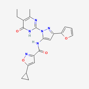 molecular formula C21H20N6O4 B2353742 5-环丙基-N-(1-(5-乙基-4-甲基-6-氧代-1,6-二氢嘧啶-2-基)-3-(呋喃-2-基)-1H-吡唑-5-基)异恶唑-3-甲酰胺 CAS No. 1207042-09-8