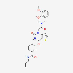 molecular formula C28H36N4O6S B2353744 4-{[1-{2-[(2,3-dimethoxybenzyl)amino]-2-oxoethyl}-2,4-dioxo-1,4-dihydrothieno[3,2-d]pyrimidin-3(2H)-yl]methyl}-N-propylcyclohexanecarboxamide CAS No. 959516-88-2