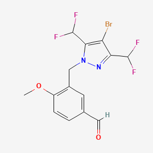 molecular formula C14H11BrF4N2O2 B2353768 3-{[4-bromo-3,5-bis(difluoromethyl)-1H-pyrazol-1-yl]methyl}-4-methoxybenzaldehyde CAS No. 1005632-19-8