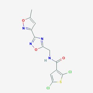 molecular formula C12H8Cl2N4O3S B2353814 2,5-dichloro-N-((3-(5-methylisoxazol-3-yl)-1,2,4-oxadiazol-5-yl)methyl)thiophene-3-carboxamide CAS No. 1903885-26-6