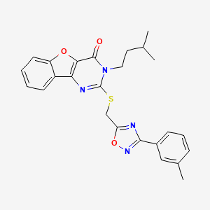 molecular formula C25H24N4O3S B2353823 3-isopentyl-2-(((3-(m-tolyl)-1,2,4-oxadiazol-5-yl)methyl)thio)benzofuro[3,2-d]pyrimidin-4(3H)-one CAS No. 1030122-04-3