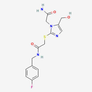 molecular formula C15H17FN4O3S B2353830 2-((1-(2-amino-2-oxoethyl)-5-(hydroxymethyl)-1H-imidazol-2-yl)thio)-N-(4-fluorobenzyl)acetamide CAS No. 921846-16-4