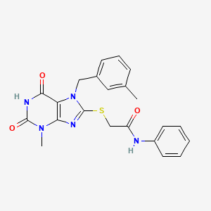 molecular formula C22H21N5O3S B2353866 2-((3-methyl-7-(3-methylbenzyl)-2,6-dioxo-2,3,6,7-tetrahydro-1H-purin-8-yl)thio)-N-phenylacetamide CAS No. 303973-55-9