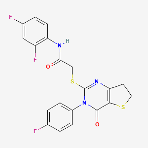 molecular formula C20H14F3N3O2S2 B2353874 N-(2,4-difluorophenyl)-2-((3-(4-fluorophenyl)-4-oxo-3,4,6,7-tetrahydrothieno[3,2-d]pyrimidin-2-yl)thio)acetamide CAS No. 687561-48-4