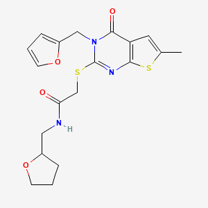 2-[3-(furan-2-ylmethyl)-6-methyl-4-oxothieno[2,3-d]pyrimidin-2-yl]sulfanyl-N-(oxolan-2-ylmethyl)acetamide