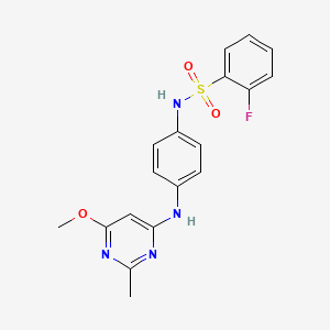 molecular formula C18H17FN4O3S B2353948 2-fluoro-N-(4-((6-methoxy-2-methylpyrimidin-4-yl)amino)phenyl)benzenesulfonamide CAS No. 946273-94-5