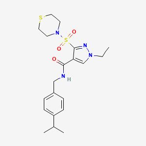 molecular formula C20H28N4O3S2 B2353990 1-ethyl-N-(4-isopropylbenzyl)-3-(thiomorpholinosulfonyl)-1H-pyrazole-4-carboxamide CAS No. 1251679-39-6