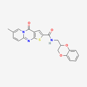 molecular formula C21H17N3O4S B2354021 N-((2,3-dihydrobenzo[b][1,4]dioxin-2-yl)methyl)-7-methyl-4-oxo-4H-pyrido[1,2-a]thieno[2,3-d]pyrimidine-2-carboxamide CAS No. 1021260-79-6