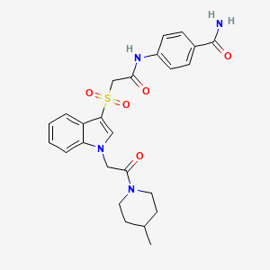 molecular formula C25H28N4O5S B2354153 4-(2-((1-(2-(4-甲基哌啶-1-基)-2-氧代乙基)-1H-吲哚-3-基)磺酰)乙酰胺)苯甲酰胺 CAS No. 878060-60-7