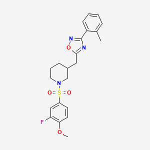 molecular formula C22H24FN3O4S B2354322 5-((1-((3-Fluoro-4-methoxyphenyl)sulfonyl)piperidin-3-yl)methyl)-3-(o-tolyl)-1,2,4-oxadiazole CAS No. 1706014-20-1