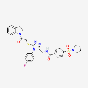 molecular formula C30H29FN6O4S2 B2354333 N-((4-(4-fluorophenyl)-5-((2-(indolin-1-yl)-2-oxoethyl)thio)-4H-1,2,4-triazol-3-yl)methyl)-4-(pyrrolidin-1-ylsulfonyl)benzamide CAS No. 310449-19-5