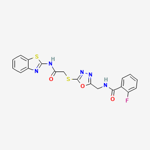 molecular formula C19H14FN5O3S2 B2354370 N-((5-((2-(benzo[d]thiazol-2-ylamino)-2-oxoethyl)thio)-1,3,4-oxadiazol-2-yl)methyl)-2-fluorobenzamide CAS No. 851861-04-6