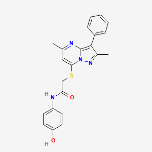 molecular formula C22H20N4O2S B2354400 2-((2,5-dimethyl-3-phenylpyrazolo[1,5-a]pyrimidin-7-yl)thio)-N-(4-hydroxyphenyl)acetamide CAS No. 877796-26-4