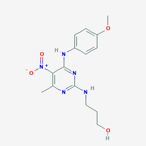 molecular formula C15H19N5O4 B2354424 3-((4-((4-Methoxyphenyl)amino)-6-methyl-5-nitropyrimidin-2-yl)amino)propan-1-ol CAS No. 392732-14-8