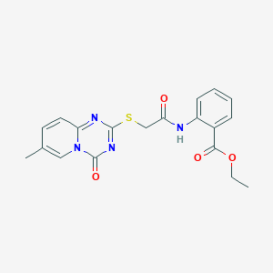 molecular formula C19H18N4O4S B2354478 Ethyl 2-[[2-(7-methyl-4-oxopyrido[1,2-a][1,3,5]triazin-2-yl)sulfanylacetyl]amino]benzoate CAS No. 896320-65-3