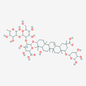 molecular formula C33H32F2N2O3 B235454 6-[[11-Carboxy-4-(hydroxymethyl)-4,6a,6b,8a,11,14b-hexamethyl-9-(4,5,6-trihydroxyoxan-2-yl)oxy-1,2,3,4a,5,6,7,8,9,10,12,12a,14,14a-tetradecahydropicen-3-yl]oxy]-5-[4,5-dihydroxy-6-(hydroxymethyl)-2-(2,4,5-trihydroxy-6-methyloxan-3-yl)oxyoxan-3-yl]oxy-3,4-dihydroxyoxane-2-carboxylic acid CAS No. 147666-62-4