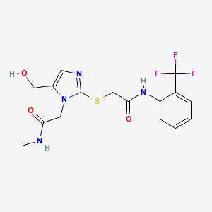 molecular formula C16H17F3N4O3S B2354619 2-((5-(羟甲基)-1-(2-(甲基氨基)-2-氧代乙基)-1H-咪唑-2-基)硫代)-N-(2-(三氟甲基)苯基)乙酰胺 CAS No. 921793-74-0