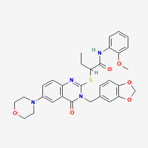 molecular formula C31H32N4O6S B2354753 2-[3-(1,3-苯并二氧杂环-5-基甲基)-6-吗啉-4-基-4-氧代喹唑啉-2-基]硫代-N-(2-甲氧苯基)丁酰胺 CAS No. 689757-64-0