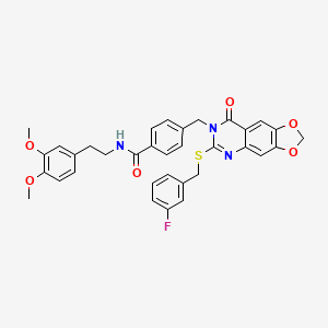 molecular formula C34H30FN3O6S B2354797 N-(3,4-dimethoxyphenethyl)-4-((6-((3-fluorobenzyl)thio)-8-oxo-[1,3]dioxolo[4,5-g]quinazolin-7(8H)-yl)methyl)benzamide CAS No. 688062-18-2