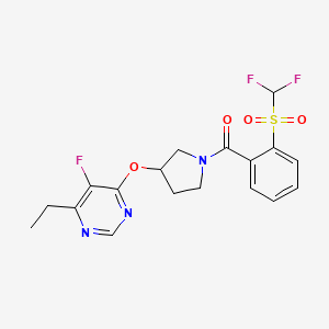 molecular formula C18H18F3N3O4S B2354808 (2-((二氟甲基)磺酰)苯基)(3-((6-乙基-5-氟嘧啶-4-基)氧代)吡咯烷-1-基)甲酮 CAS No. 2034435-92-0