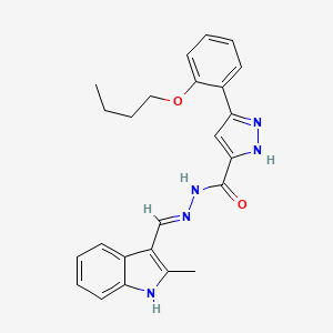 molecular formula C24H25N5O2 B2354999 (E)-3-(2-butoxyphenyl)-N'-((2-methyl-1H-indol-3-yl)methylene)-1H-pyrazole-5-carbohydrazide CAS No. 1284274-73-2