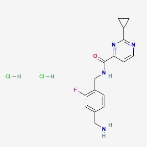 molecular formula C16H19Cl2FN4O B2355012 N-[[4-(Aminomethyl)-2-fluorophenyl]methyl]-2-cyclopropylpyrimidine-4-carboxamide;dihydrochloride CAS No. 2418676-90-9