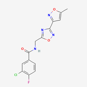 molecular formula C14H10ClFN4O3 B2355027 3-chloro-4-fluoro-N-((3-(5-methylisoxazol-3-yl)-1,2,4-oxadiazol-5-yl)methyl)benzamide CAS No. 2034420-98-7