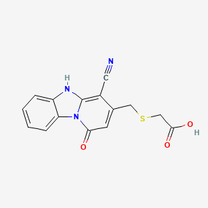 molecular formula C15H11N3O3S B2355035 2-[({10-氰基-13-氧代-1,8-二氮杂三环[7.4.0.0^{2,7}]十三-2(7),3,5,9,11-五烯-11-基}甲基)硫烷基]乙酸 CAS No. 680986-99-6