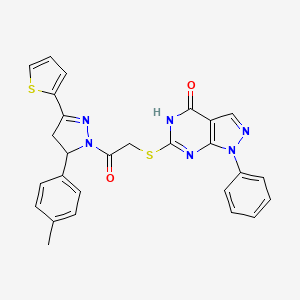 molecular formula C27H22N6O2S2 B2355086 6-((2-氧代-2-(3-(噻吩-2-基)-5-(对甲苯基)-4,5-二氢-1H-吡唑-1-基)乙基)硫基)-1-苯基-1H-吡唑并[3,4-d]嘧啶-4(5H)-酮 CAS No. 850912-12-8