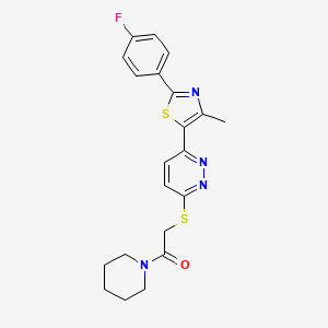 molecular formula C21H21FN4OS2 B2355099 2-((6-(2-(4-Fluorophenyl)-4-methylthiazol-5-yl)pyridazin-3-yl)thio)-1-(piperidin-1-yl)ethanone CAS No. 1005304-91-5