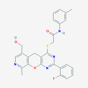 molecular formula C27H23FN4O3S B2355127 2-{[2-(2-fluorophenyl)-6-(hydroxymethyl)-9-methyl-5H-pyrido[4',3':5,6]pyrano[2,3-d]pyrimidin-4-yl]thio}-N-(3-methylphenyl)acetamide CAS No. 892386-04-8
