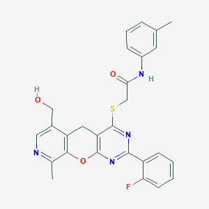 molecular formula C27H23FN4O3S B2355127 2-[[5-(2-fluorophenyl)-11-(hydroxymethyl)-14-methyl-2-oxa-4,6,13-triazatricyclo[8.4.0.03,8]tetradeca-1(10),3(8),4,6,11,13-hexaen-7-yl]sulfanyl]-N-(3-methylphenyl)acetamide CAS No. 892386-04-8