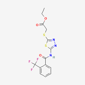 molecular formula C14H12F3N3O3S2 B2355158 Ethyl 2-((5-(2-(trifluoromethyl)benzamido)-1,3,4-thiadiazol-2-yl)thio)acetate CAS No. 391874-88-7