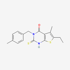 molecular formula C17H18N2OS2 B2355340 6-ethyl-5-methyl-3-[(4-methylphenyl)methyl]-2-sulfanyl-3H,4H-thieno[2,3-d]pyrimidin-4-one CAS No. 571159-02-9