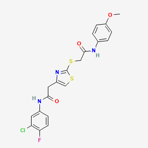 molecular formula C20H17ClFN3O3S2 B2355432 N-(3-chloro-4-fluorophenyl)-2-(2-((2-((4-methoxyphenyl)amino)-2-oxoethyl)thio)thiazol-4-yl)acetamide CAS No. 941921-49-9