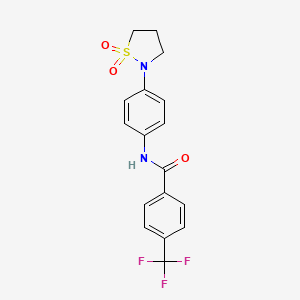 molecular formula C17H15F3N2O3S B2355491 N-[4-(1,1-dioxo-1,2-thiazolidin-2-yl)phenyl]-4-(trifluoromethyl)benzamide CAS No. 946215-12-9
