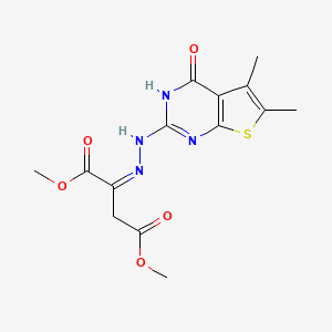 molecular formula C14H16N4O5S B2355493 (Z)-二甲基 2-(2-(5,6-二甲基-4-氧代-3,4-二氢噻吩并[2,3-d]嘧啶-2-基)腙)琥珀酸酯 CAS No. 496029-20-0