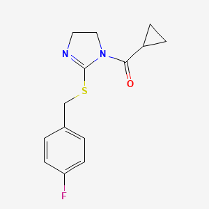 molecular formula C14H15FN2OS B2355513 Cyclopropyl-[2-[(4-fluorophenyl)methylsulfanyl]-4,5-dihydroimidazol-1-yl]methanone CAS No. 851865-49-1