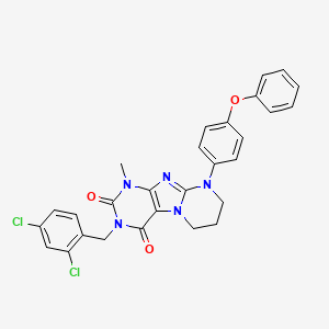 molecular formula C28H23Cl2N5O3 B2355634 3-[(2,4-dichlorophenyl)methyl]-1-methyl-9-(4-phenoxyphenyl)-7,8-dihydro-6H-purino[7,8-a]pyrimidine-2,4-dione CAS No. 850157-24-3