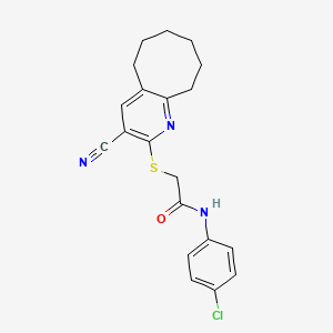 molecular formula C20H20ClN3OS B2355667 N-(4-chlorophenyl)-2-[(3-cyano-5,6,7,8,9,10-hexahydrocycloocta[b]pyridin-2-yl)sulfanyl]acetamide CAS No. 444161-70-0