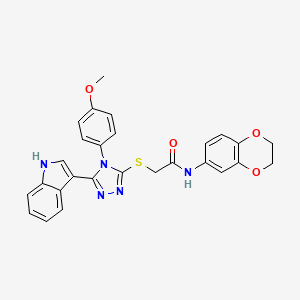 molecular formula C27H23N5O4S B2355761 2-((5-(1H-indol-3-yl)-4-(4-methoxyphenyl)-4H-1,2,4-triazol-3-yl)thio)-N-(2,3-dihydrobenzo[b][1,4]dioxin-6-yl)acetamide CAS No. 852167-22-7