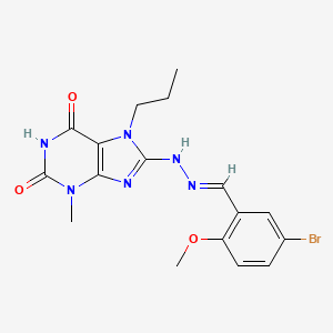 molecular formula C17H19BrN6O3 B2355777 (E)-8-(2-(5-bromo-2-methoxybenzylidene)hydrazinyl)-3-methyl-7-propyl-1H-purine-2,6(3H,7H)-dione CAS No. 685106-30-3