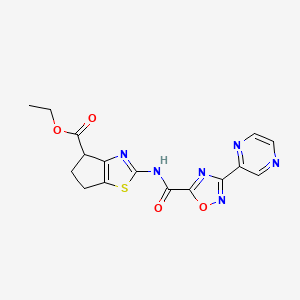 ethyl 2-(3-(pyrazin-2-yl)-1,2,4-oxadiazole-5-carboxamido)-5,6-dihydro-4H-cyclopenta[d]thiazole-4-carboxylate