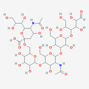 molecular formula C37H62N2O29 B235582 5-Acetamido-2-[[6-[5-acetamido-6-[3,5-dihydroxy-2-(hydroxymethyl)-6-(1,2,4,5-tetrahydroxy-6-oxohexan-3-yl)oxyoxan-4-yl]oxy-4-hydroxy-2-(hydroxymethyl)oxan-3-yl]oxy-3,4,5-trihydroxyoxan-2-yl]methoxy]-4-hydroxy-6-(1,2,3-trihydroxypropyl)oxane-2-carboxylic acid CAS No. 155500-52-0